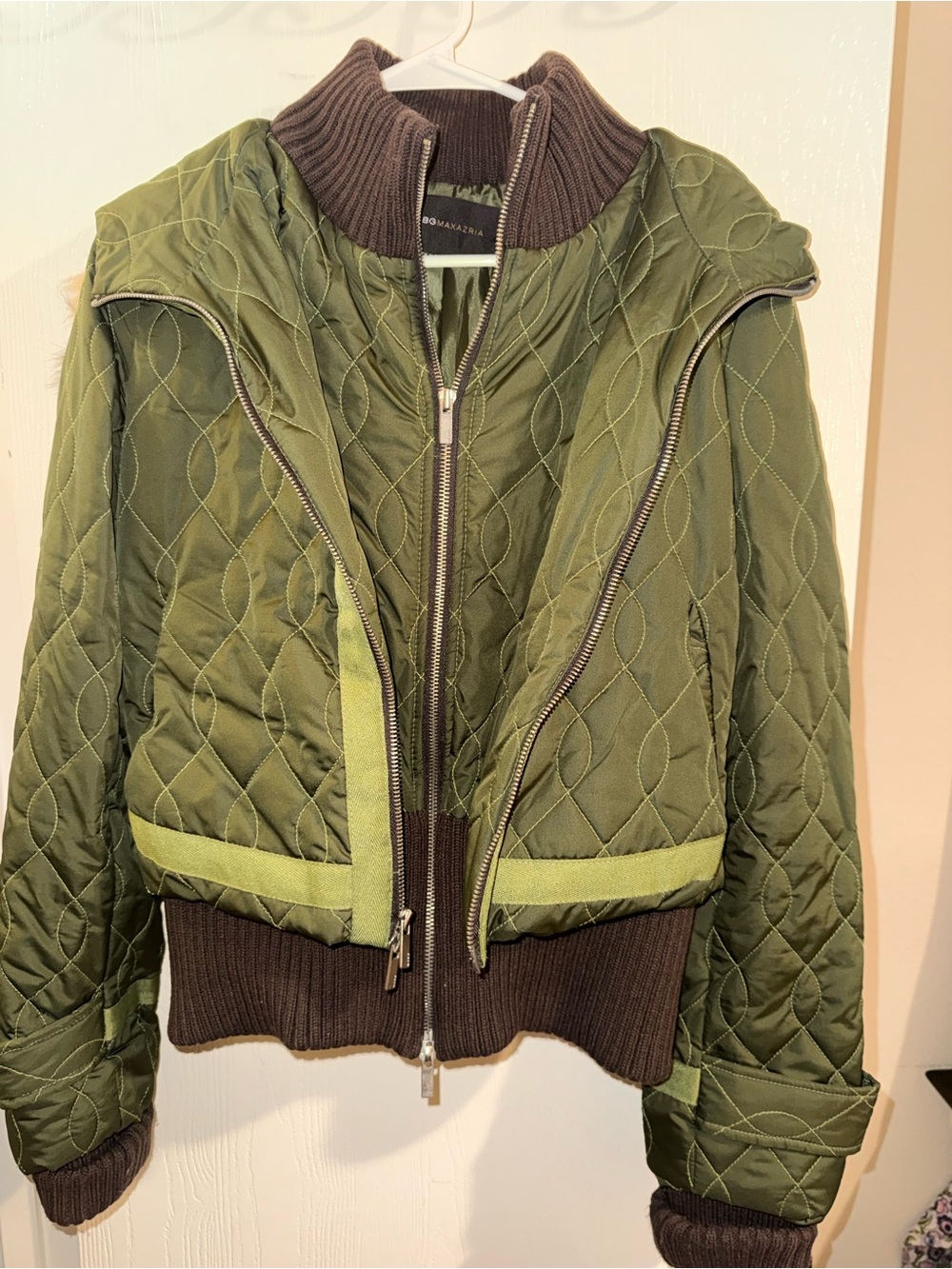 BCBGMaxAzria Olive Quilted Bomber with Brown Rib Trim